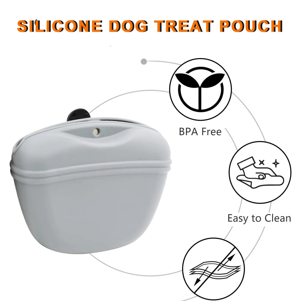 Silicone Treat Pouch in Stone — single pouch with feature icons