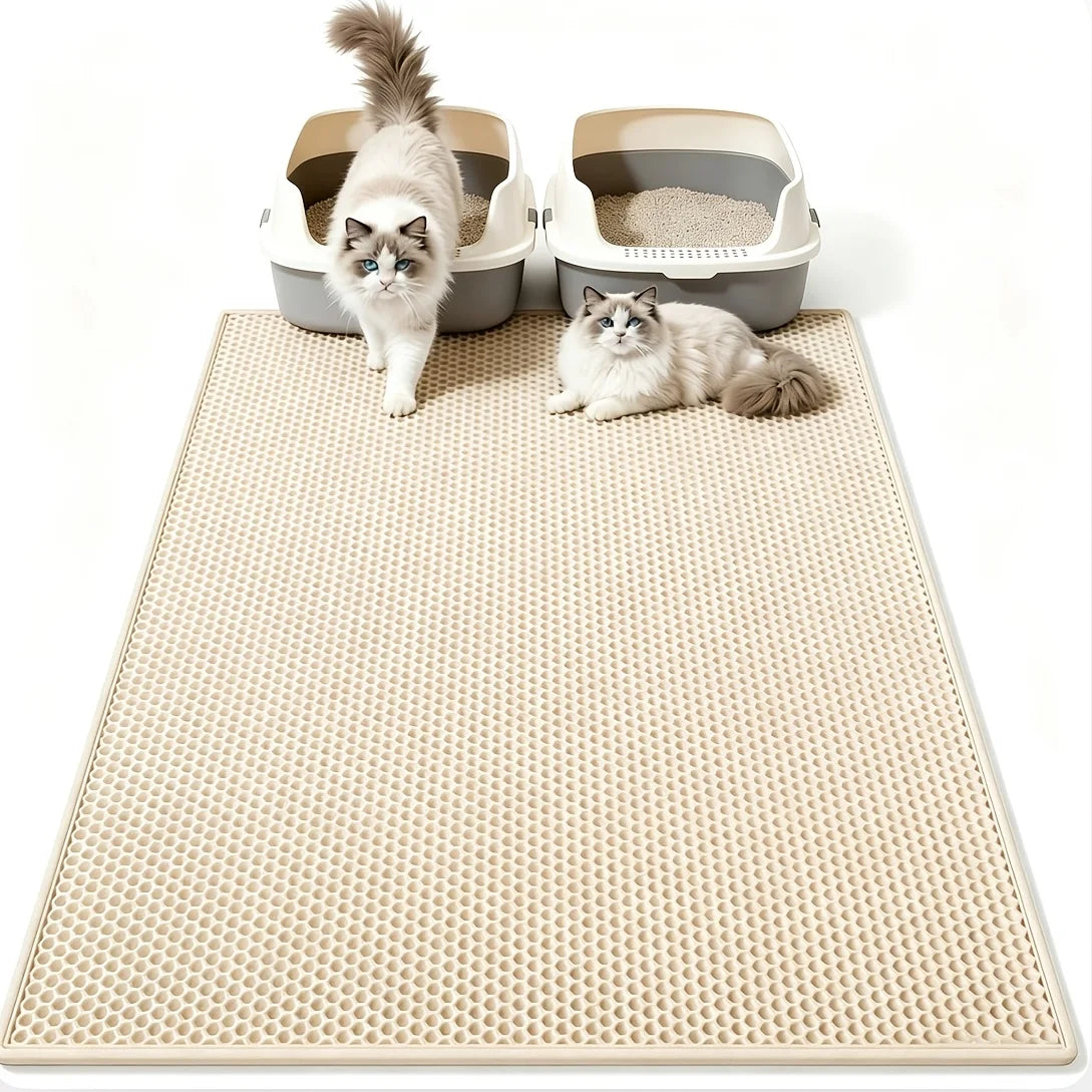 Honeycomb Litter Mat in Sand — two cats beside litter boxes on the mat, on a white background