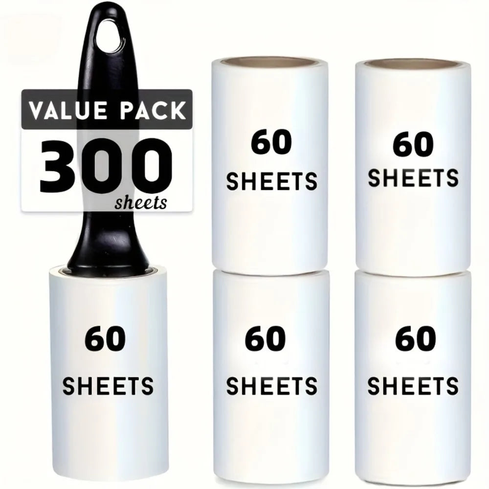 Pet Hair Lint Roller in Black — 300-sheet set with handle and five rolls on a white background
