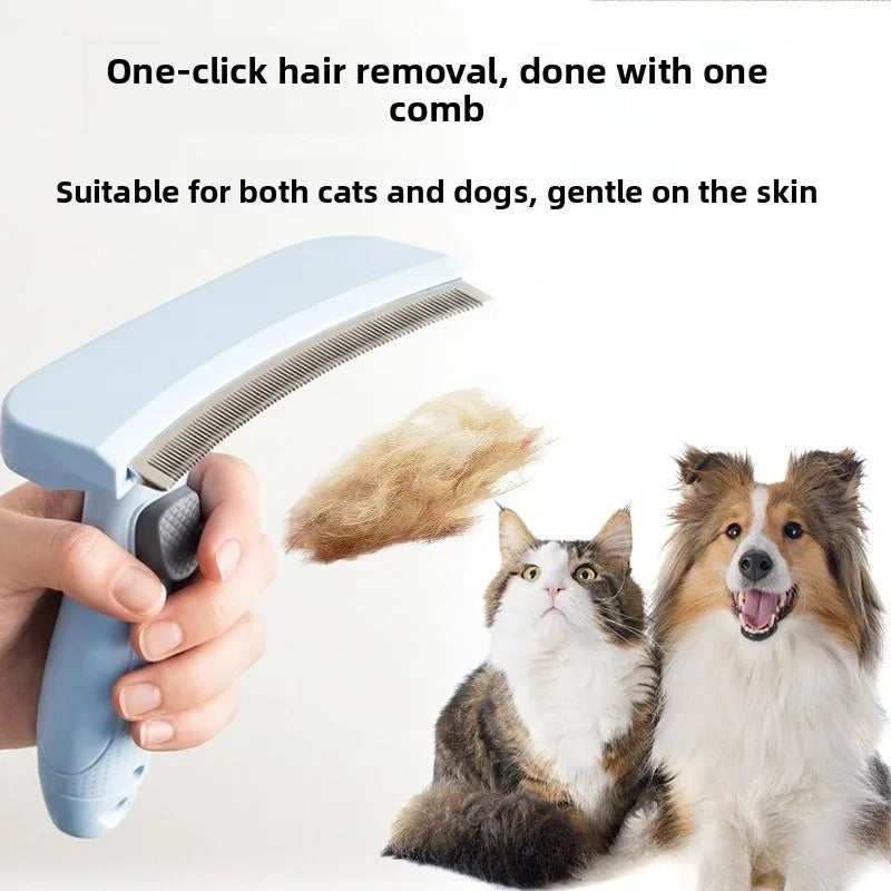 Undercoat Rake in Blue — in hand beside a cat and a dog