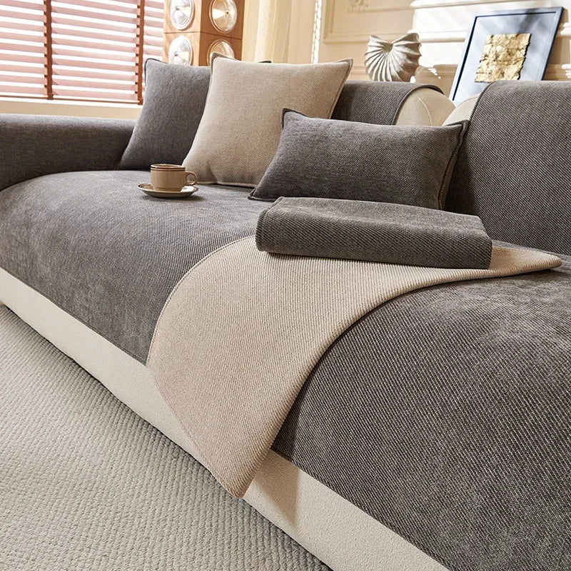 Chenille Sofa Cover in Stone — styled on a sofa with a Sand accent piece and pillow covers