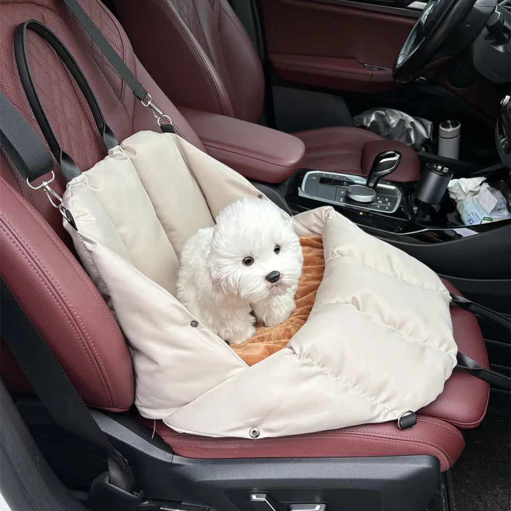 Soft-Sided Pet Carrier in Sand — opened out as a travel bed on a car seat