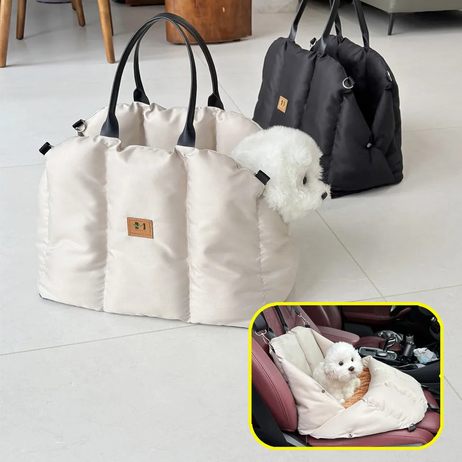 Soft-Sided Pet Carrier in Sand — quilted tote beside the Black version, with a car seat inset