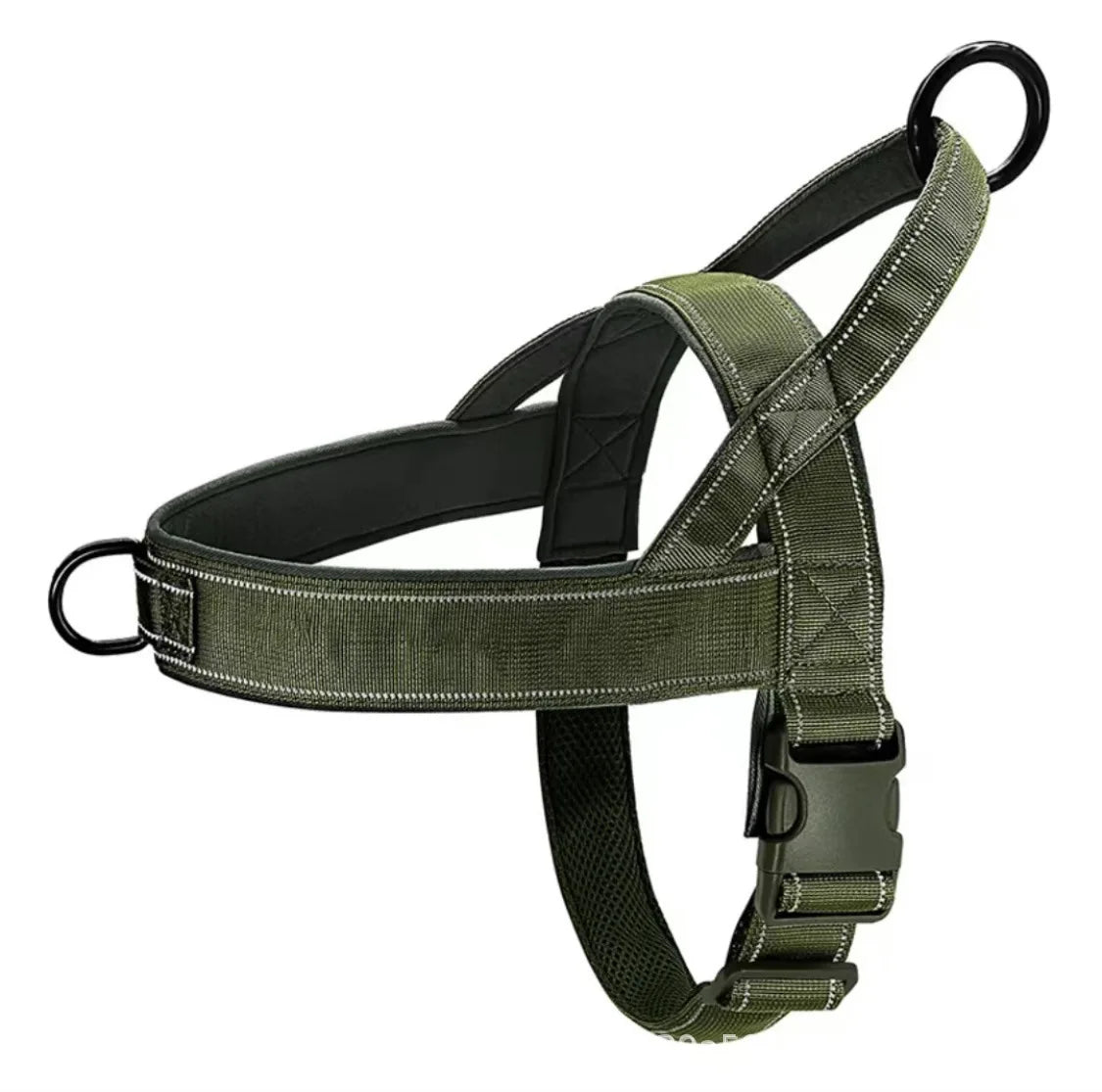 Everyday Reflective Harness in Olive — padded strap harness on a white background