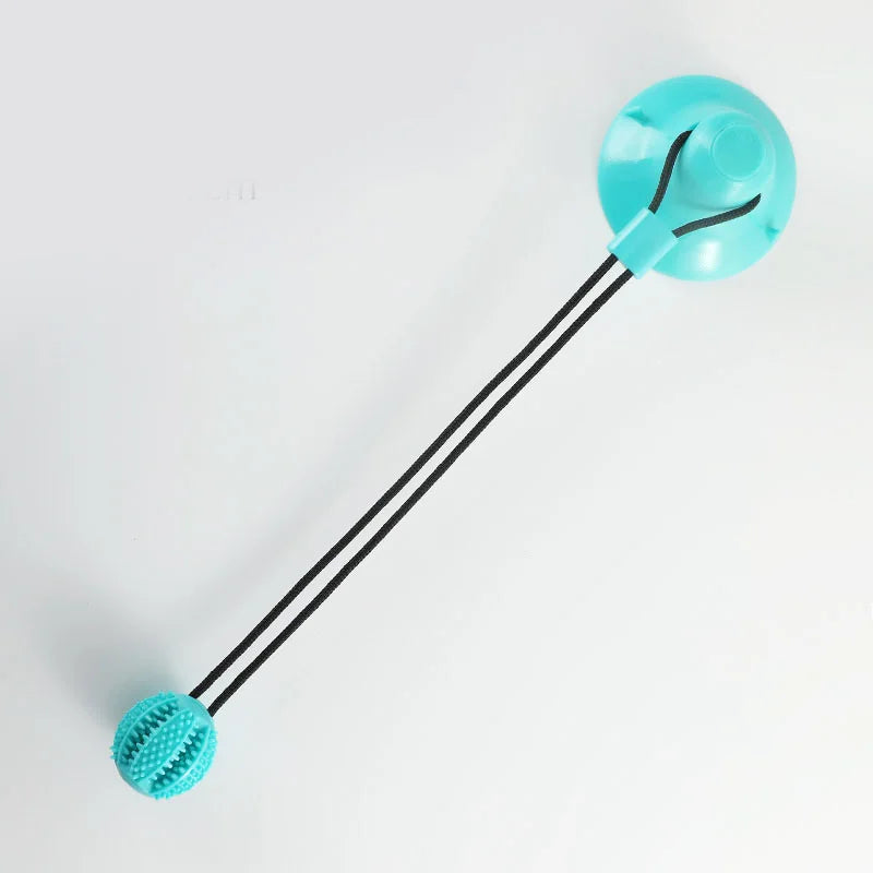 Rubber Treat Toy in Blue — full view of base, cords and ball on a white background