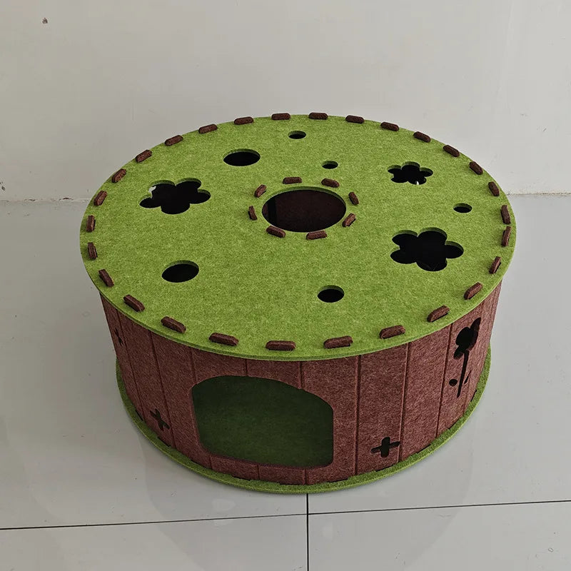 Felt Tunnel Cat Den in Sage Floral — front view on a tiled floor