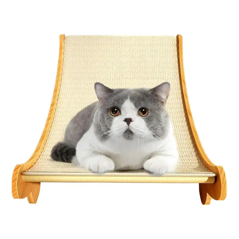 Sisal Scratcher in Natural — front view with a cat lounging on a white background