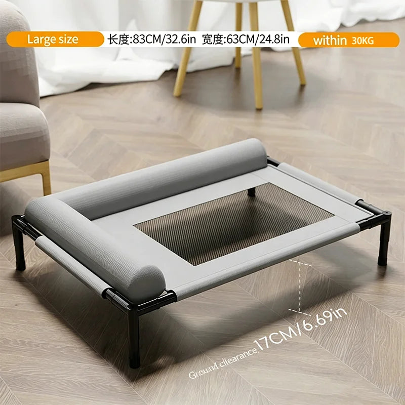 Elevated Cot Bed in Stone — large size with dimensions and floor clearance